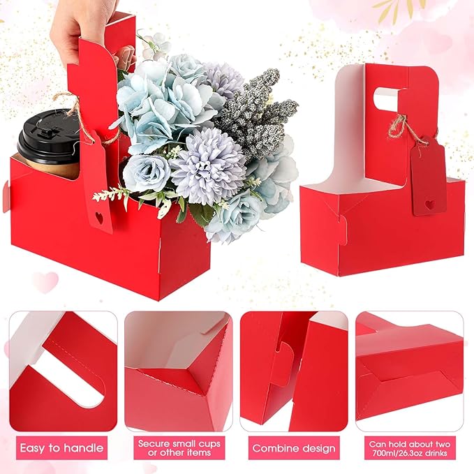 MotiMind 100 Pack Mother's Day 2 Cup Drink Carrier with Handle, Kraft Paperboard Teacher Cup Holder Portable for Hot Cold Drinks, Coffee Carrier Gift with Heart Card Rope (Red,Pink)