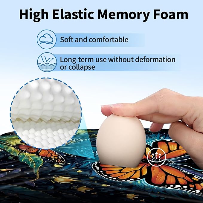 YIWEI Ergonomic Mouse Pad with Wrist Rest - Comfortable Office Mousepad with Memory Foam Wrist Support for Carpal Tunnel Relief, Mouse Pads with Non-Slip Base for Gaming and Home (Butterfly)