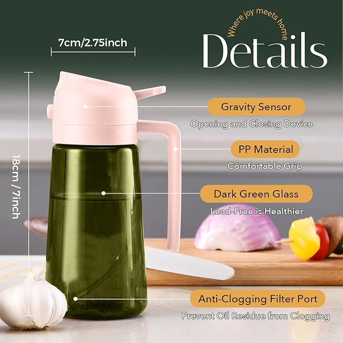 YARRAMATE 16oz/470ml Light-Blocking Dark Oil Sprayer for Cooking, 2 in 1 Olive Oil Dispenser Bottle for Kitchen, Dark Green Glass Oil Bottle, Food-Grade Oil Mister for Air Fryer, BBQ (PeachPink)