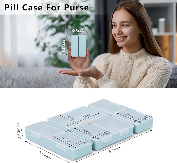 FYY Daily Pill Organizer,2 Pcs 7 Compartments Portable Pill Case Travel Pill Organizer,[Folding Design] Pill Box for Purse Pocket to Hold Vitamins,Cod Liver Oil,Supplements and Medication-Blue