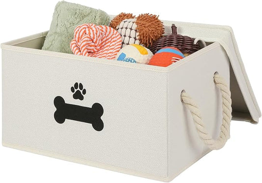 Dog Toy Basket with Lid, Dog Basket for Toys, Dogs Toy Box with Cotton Rope Handles, Collapsible Storage Bins for Pet Toys, Dogs Storage Organizer, Beige