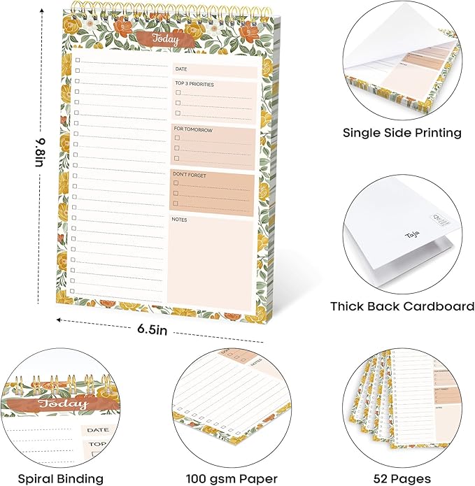 Taja To Do List Notepad - To Do List Notebook for Work with 52 Sheets, Undated Daily Planner Perfect for Daily Tasks and Goal Setting, Notepad Suitable for Office, Home & School - Sunshine Field