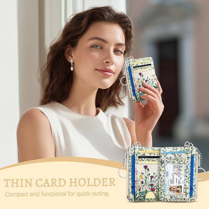 Wildflower Credit Card Holder Small Wallet Women, Flowers Slim RFID Blocking Wallet Woman Keychain with Zipper Coin Pocket, Front Pocket Thin Travel Card Case with ID Window for Ladies Gifts