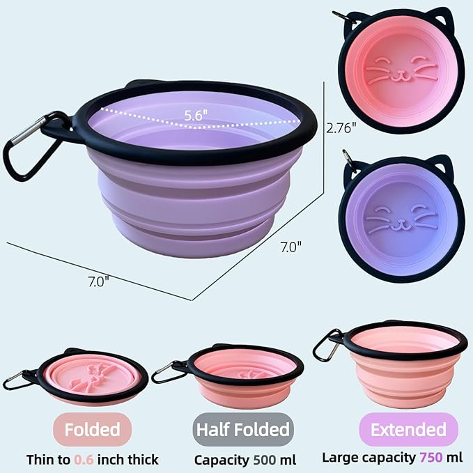 2 Pack Silicone Travel Dog Bowls, Slow Feeder Anti-Gulping, 25oz Collapsible Portable Water & Food Bowls for Medium & Large Dogs, Pet Camping Essentials (Pink/Purple)