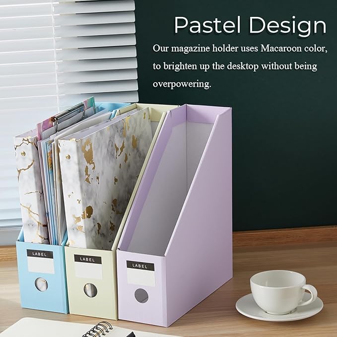Y YOMA Cardboard File Magazine Holder, Pastel Color, 6 Pack Desktop Binder Holder with Labels Vertical File Storage Foldable Organizer Box, for Office Classroom Home Workspace