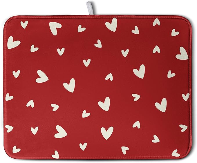 Valentine's Day Love Heart Dish Drying Mat for Kitchen Counter 18x24 Inch Valentine Theme Dish Mats Absorbent Microfiber Dish Draining Mat Reusable Washable Dish Drainer Rack Pad