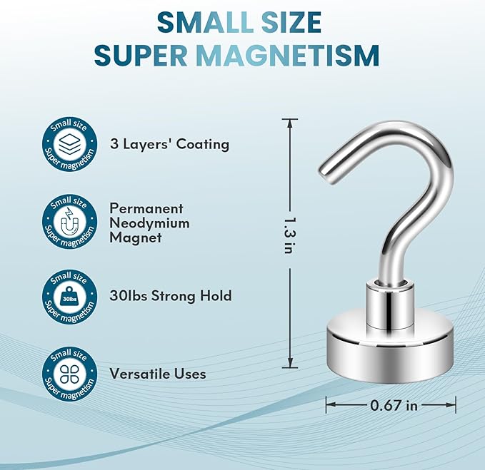 Neosmuk Magnetic Hooks, Cruise Ship Essentials, 32lb+ Heavy Duty Magnetic Hooks for Cruise Cabins, Refrigerator, Grill, Hanging, and Travel | Extra Strong Must-Have Magnet Hook, Silver Pack of 20