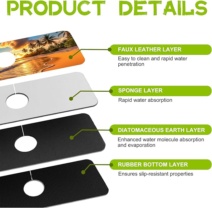 Kitchen Sink Splash Guard Faucet Mat Super Absorbent Fast Drying Mat Guard Behind Faucet Drip Catcher for Kitchen Bathroom (Sunset Beach Waves Palm Trees, 23.5"X5.5")
