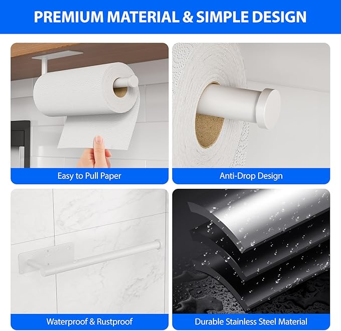 Paper Towel Holder Under Cabinet, Self-Adhesive,No Drilling, Stainless Steel, Wall-Mounted for Kitchen and Bathroom, Easy Install, Durable, Space-Saving, Ideal for Home, RV (White, 1 Pack)