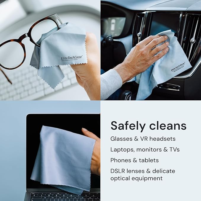 Elite Screens Microfiber Cleaning Cloths - 6-Pack, 6"×7" & 12"×12", Light Blue - Streak-Free Glasses Wipes - Travel-Ready Eyeglass Cleaning Wipes - Oversized Reusable Lens Care Cloths