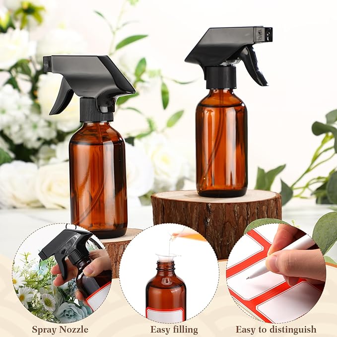 Fumete 2 Pack Glass Bottles 4oz Empty Refillable Liquid Containers with 1 Label 1 Funnel for Essential Oils Hair Travel Plants Cleaning Skin Care(Amber, Black Top,Spray Bottle)