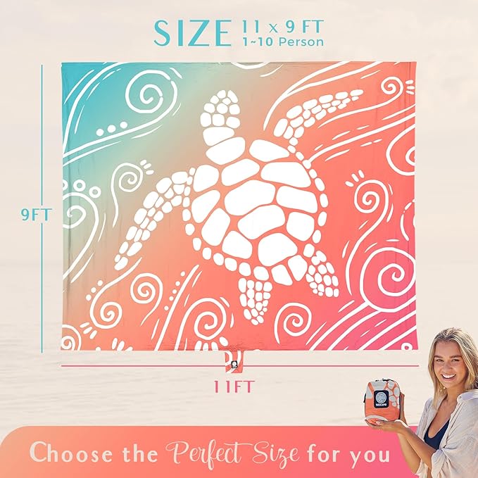 WEKAPO Beach Blanket Waterproof Sandproof Oversized Extra Large Sand Free Beach Mat with Stakes, Storage Bag - Essentials for Outdoor Beach, Picnic (Sea Turtle, 11 X 9 FT (1~10 Person))