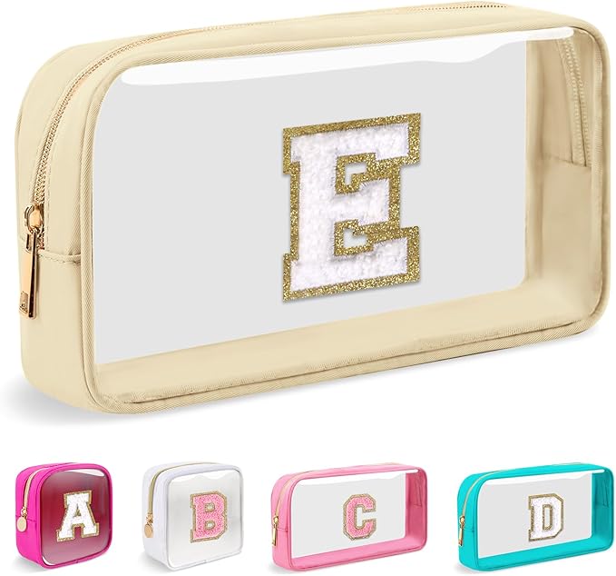 Small Clear Personalized Initial Makeup Bag,Nylon Preppy A-Z Chenille Letter Patch Cosmetic Pouch Beach Toiletry Bag,Waterproof Zipper Travel Purse Storage Bag Organizer for Women Girls(Beige-White E)