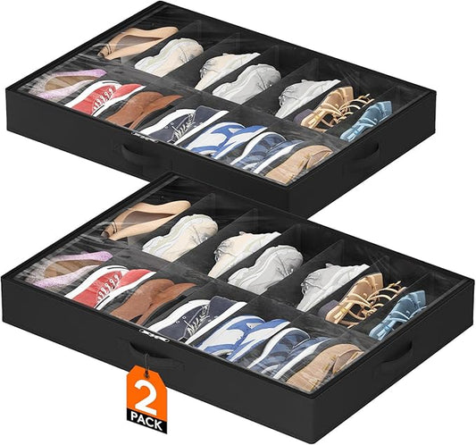 Lifewit Under Bed Shoe Storage Organizer 2 Pack (14 Pairs), 4.3" Tall Fabric Shoes Container Box, Foldable Closet Shoe Bag with 2 Reinforced Handles and Clear Cover, Black