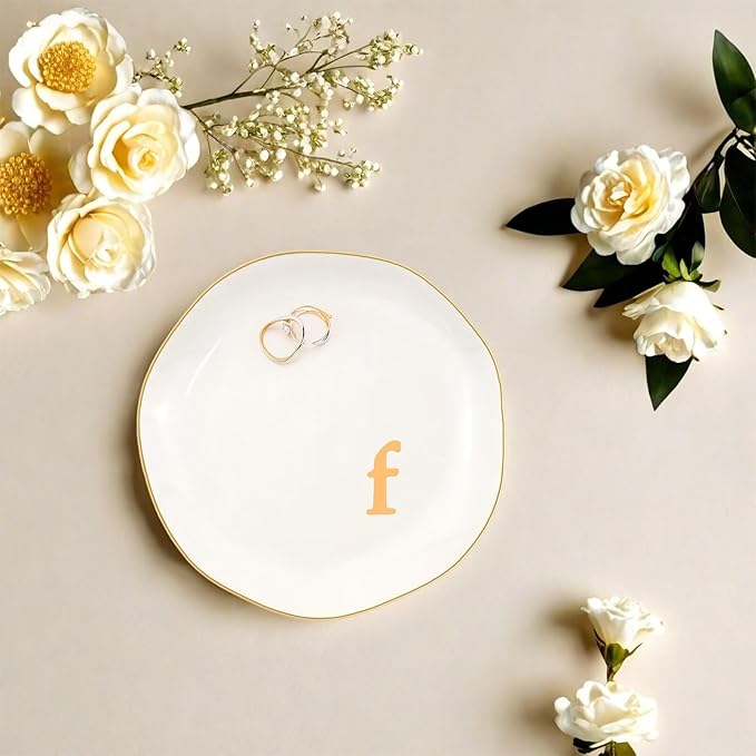 Ceramic Jewelry Dish with Personalized Monogram, White Decorative Ring Trinket Tray, Engagement Wedding Gift for Women Mom Friend, Letter f