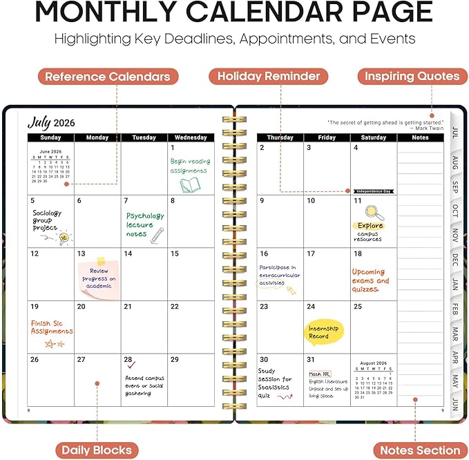 Planner 2026-2027, Academic Year Monthly and Weekly Calendar Planner, Jul 2026 - Jun 2027, Hardcover Teacher Student Planning Agenda book with Tabs, Perfect for School Office Supplies, 6.3" x 8.5" - Humming Glow