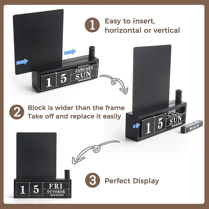 SELEAD Wooden Block Desk Calendar with Chalk Board - Daily Desktop Perpetual Calendar Words Sign Quotes for Home Office Classroom Decor, Teachers Students - Black