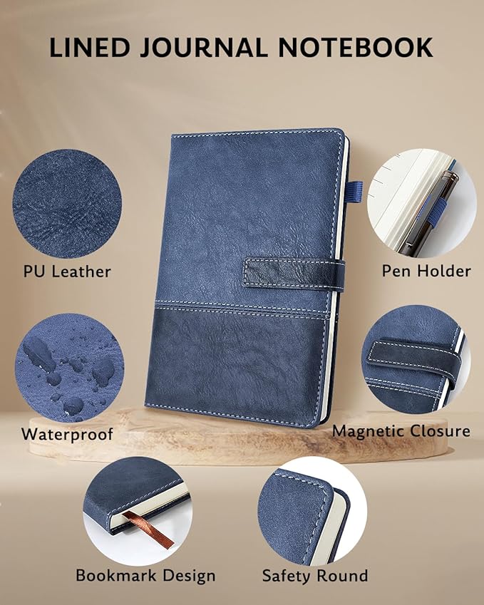 Leather Notebook Journal with Pen, A5 Lined Hardcover Notebook with Magnetic Closure, 240 Pages Daily Journal for Men Women, Ruled Journals Notebooks for Work, Writing, Note Taking - Blue
