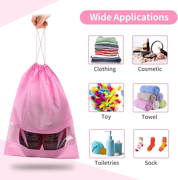 20 Pack Shoe Bags for Travel, Large Travel Shoe Bags for Packing with Clear Window, Dustproof Drawstring Travel Shoe Storage Bags Travel Essentials for Men & Women, Pink