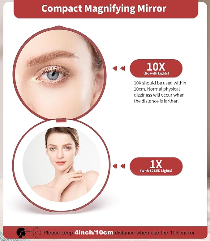 WOBSION Travel Compact Mirror,Portable 1x/10x LED Makeup Mirror with Magnification,Handheld 2-Sided Pocket Mirror, 3.5in Small Mirror for Purse,Handbag,Gift,Wine Red