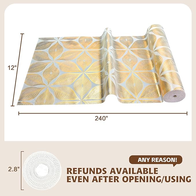 Drawer and Shelf Liner for Kitchen Cabinet,Non-Adhesive Waterproof Drawer Liner for Dresser & Bathroom Vanities with Adhesive Dots & Cutting Tool(12 in X 20 Ft Gold Leaf Pattern)