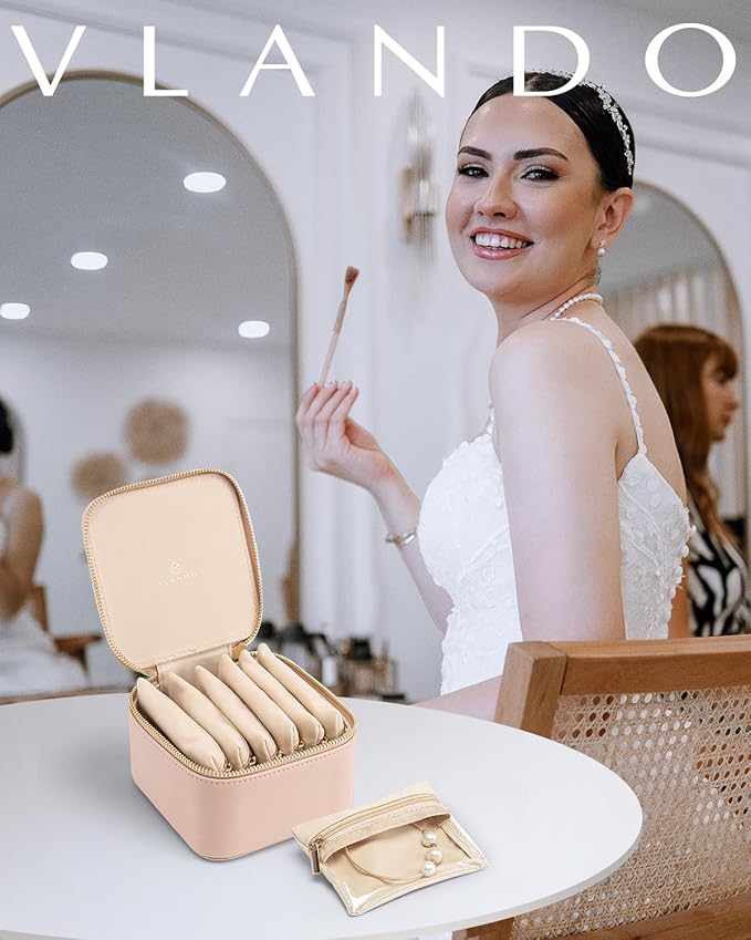 Vlando Travel Jewelry Organizer,Jewelry Travel Case with 6 Velvet Zipper Jewelry Bags Gift Ideas for Birthday Wedding Graduation-Tan