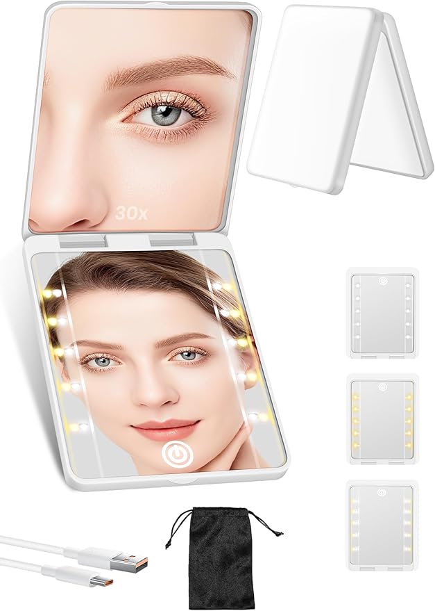 Compact Mirror, Rechargeable 30X Magnifying Mirror with 3 Lighting Modes & Dimmable Brightness, Portable Travel Makeup Mirror with Light, Essentials for Travel, Pocket, Purse, Gifts for Women White