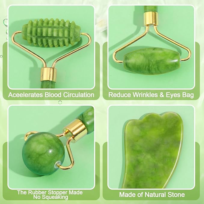 6Pcs Jade Roller for Face,Gua Sha Facial Tools for Women Natural Face Roller Massager Tool for Skincare, Makeup
