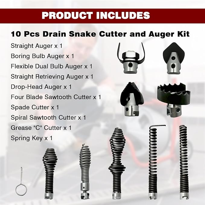 10 Pcs Drain Snake Drill Attachment Set - Drain Auger Cutter Kit Compatible with RIDGID K-400, C-4, C-6, C-7, C-8 & C-9 Drain Machines - Fits 5/8" Cable Heads, Heavy-Duty Drain Cleaning Tips
