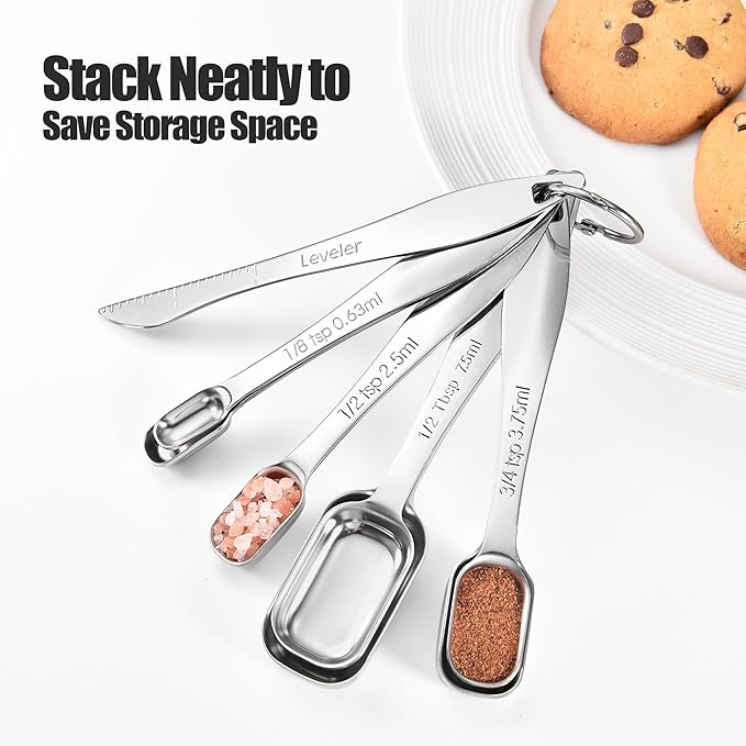 18/8 Stainless Steel Measuring Spoons: Doosu Heavy Duty Rectangular Spoon Square Teaspoon Tablespoon Scoop with Slim Long Handle in Narrow Spice Jar for Kitchen Baking Cooking (Set of 8 with Leveler)