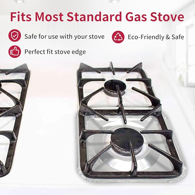 Aluminum Gas Stove Burner Covers -Thicker Foil Square Burner Liners - Disposable Gas Range Protectors, 100 Pack（Outer diameter: 8.5 x 8.5 inch）