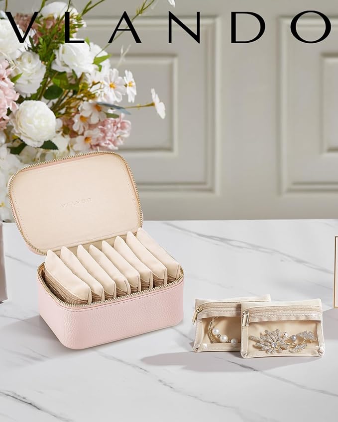 Vlando Gifts for Women, Jewelry Box with 8 Velvet Jewelry Bags Travel Jewelry Case for Women Girls Jewelry Organizer Necklace Rings Earrings Bags Gift Ideas for Birthday Bride (Pink)