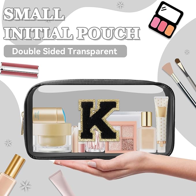Small Clear Personalized Initial Makeup Bag,Nylon Preppy A-Z Chenille Letter Patch Cosmetic Pouch Beach Toiletry Bag,Waterproof Zipper Travel Purse Storage Bag Organizer for Women Girls(Black-Black K)