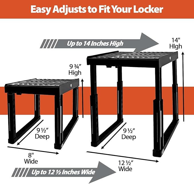 Locker Organizer Shelf， Adjustable Width and Height, Stackable, Ideal Locker Shelf for School, Office, Gym Lockers, or Even Kitchen Cabinets & Under Sink Organization (Black)
