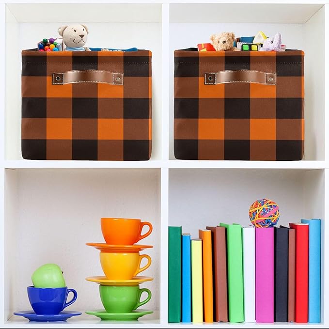 Aslsiy Storage Basket Orange Black Plaid Nursery Bins Baby Box Canvas Clothes Shelf Basket Laundry Hamper Gift Basket for Home Closet 1 Pcs