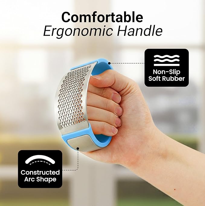 Zulay Kitchen Stainless Steel Garlic Press Rocker Set - Premium Garlic Mincer Garlic Crusher - New Innovative Garlic Crusher with Peeler and Scraper - Comfortable Grip (Blue)