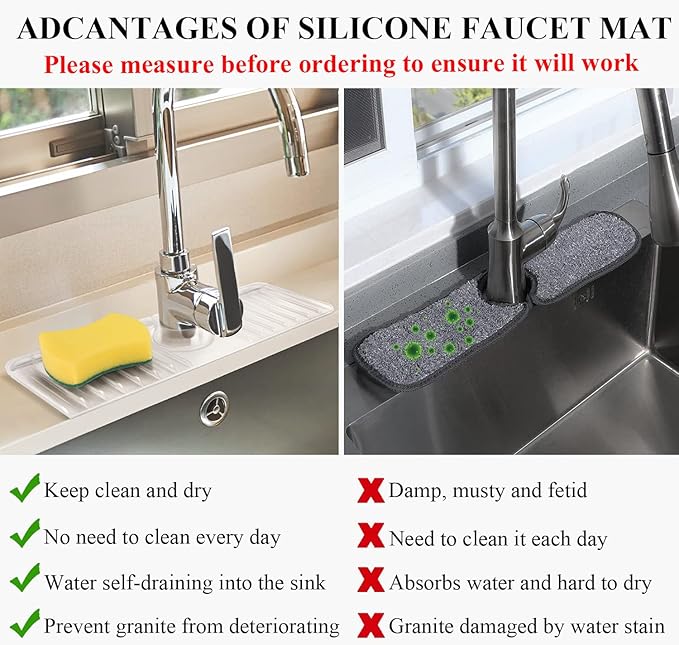 Sink Splash Guard 14.4” x 5.4” - Sink Faucet Mat with Faucet Water Catcher Mat & Soap Dish & Sponge Holder 3 in 1 - Silicone Faucet Handle Drip Catcher Tray for Kitchen RV & Bar Faucet, Clear