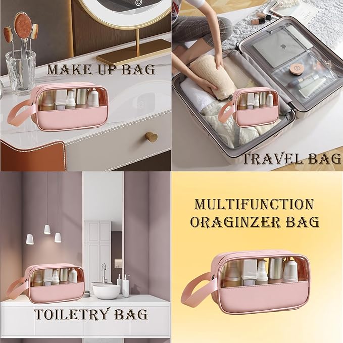 Clear Makeup Bag, Portable Travel Toiletry Cosmetic Bag Case for Women, TSA Approved Transparent PVC Waterproof Clear Pouch for Travel Essentials for Women - Pink