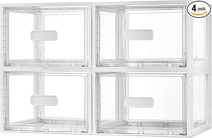 Vtopmart 4 Pack 18QT White Stackable Storage Drawers, Easily Assemble Closet Organizers, Plastic Storage Bins for Bathroom, Cabinet, Kitchen Pantry, Under Sink Organization (Medium)