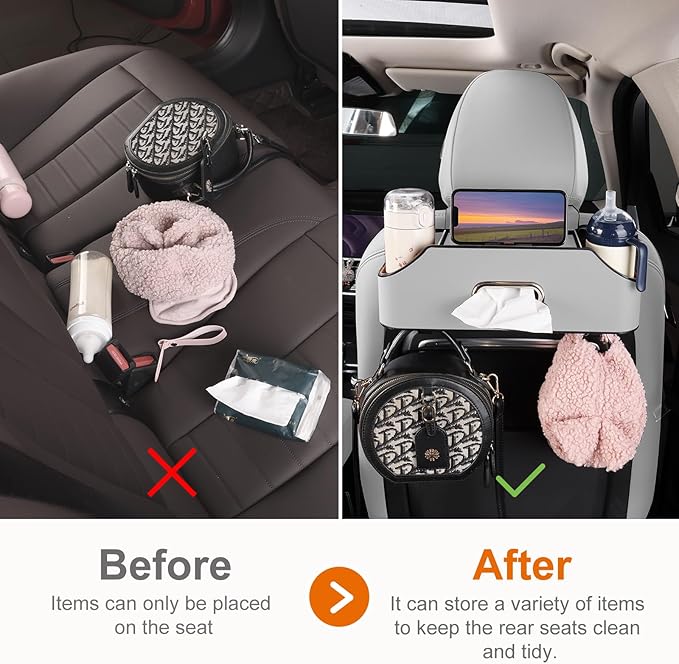 Sancaral Car Rear Backseat Extra Multifunctional Drink Cup Holder Organizers with Tissue Storage Box Organizer & Hooks for Car Seat Back (Gray)