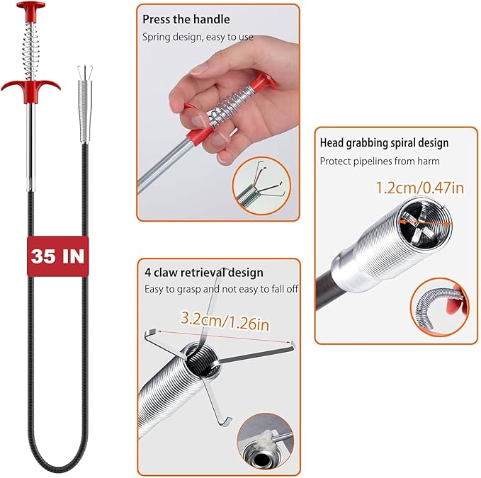Drain Snake, Bendable Hose Stainless Steel Sewer Clog Removal Tool for Kitchens, Bathrooms, Showers and Tubs Flexible Gripping Claw Picker Tool (34 Inch)