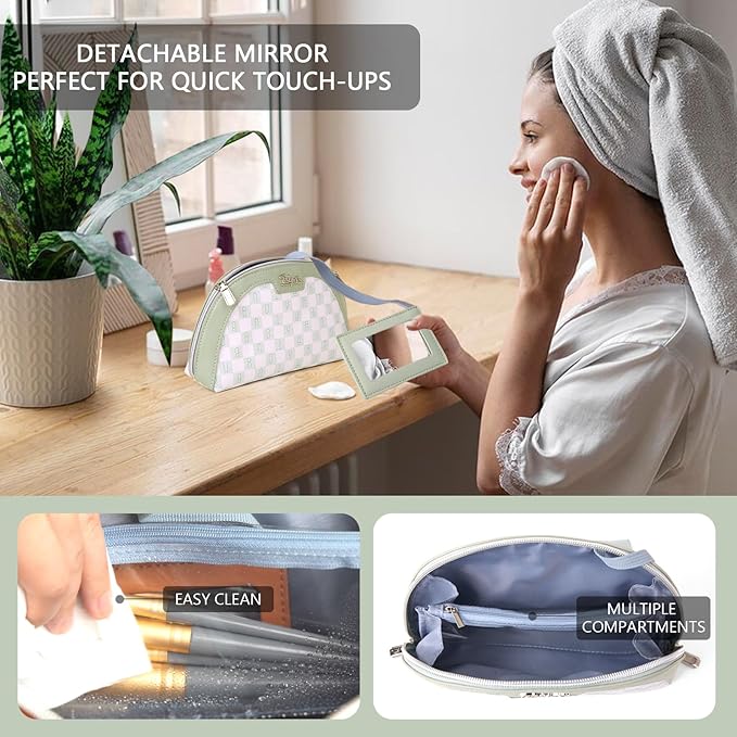 BOYATU Small Travel Makeup Bag for Women: Elegant Vegan Leather Cosmetic Pouch for Purse - Waterproof Toiletry Bag with Mirror (022-Green)
