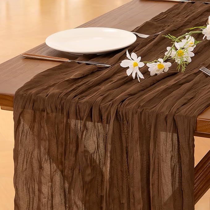 Socomi 2pcs Brown Coffee Summer Cheesecloth Table Runner Boho Rustic Gauze 120 inch 10FT Cheese Cloth Sheer Runner for Wedding Party Baby Shower Birthday Home Decor Holiday Decorations