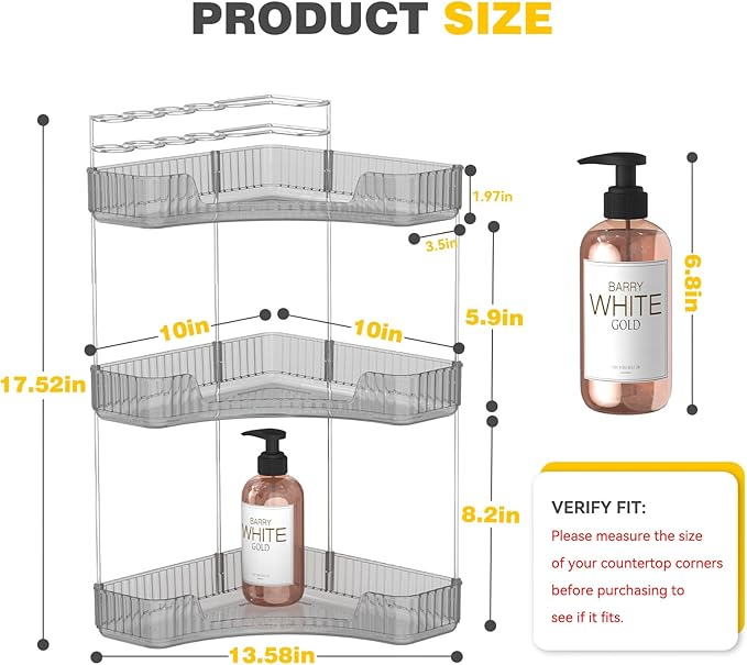 3-Tier Corner Bathroom Counter Organizer with Top Toothbrush Holders,Large Makeup Organizer Countertop with Brush Holder,Skincare Organizers Corner,Exquisite Vanity Organizer (Gray, 3 Tier)