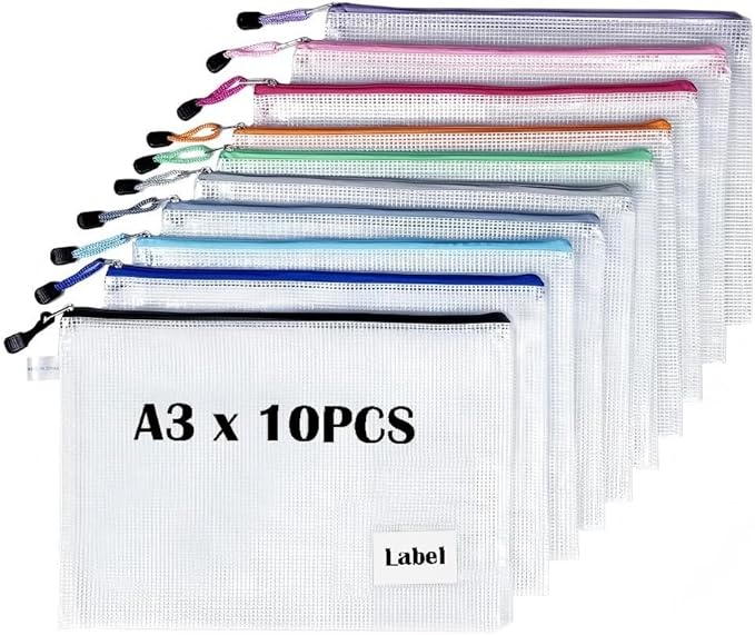 10pcs A3 Size Mesh Zipper Pouch Bags with Label Pocket, 16.9x12 Inches Large Reusable Plastic Zip Lock Bag for Classroom Organization, Pouch for Travel Organizing Puzzle Board Game Storage