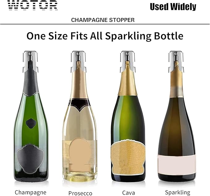 WOTOR Champagne Stoppers Stainless Steel, Prosecco Bottle Stopper with Food Grade Silicone, Reusable Champagne Cork & Saver, Leak proof Keep Fresh (Silver, 6 Pack)