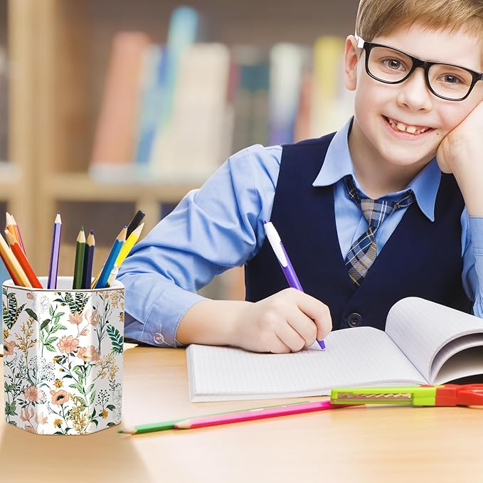 WAVEYU Cute Pen Holder for Desk, Ceramic Pencil Holder, Pen Cup Marker Holder Makeup Brush Holders, Desk Accessories & Workspace Organizers for Home, Office, White Flower