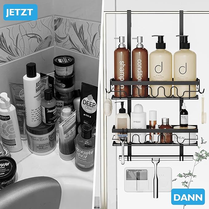 Over the Door Shower Caddy Hanging, 3-in-1 Rustproof Shower Organizer for Glass Door, No Drilling Shower Shelves with 4+3 Hooks, Wave Design, Stable, Adjustable Suitable for Kitchen/Bathroom/Balcony