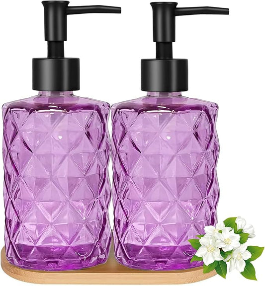Glass Hand and Dish Soap Dispenser Set of 2 with Plastic Pumps, Bamboo Tray, 12oz Purple Bathroom Soap Dispenser with Diamond for Hand Wash & Dish Wash, Ideal for Bathroom Kitchen Countertop