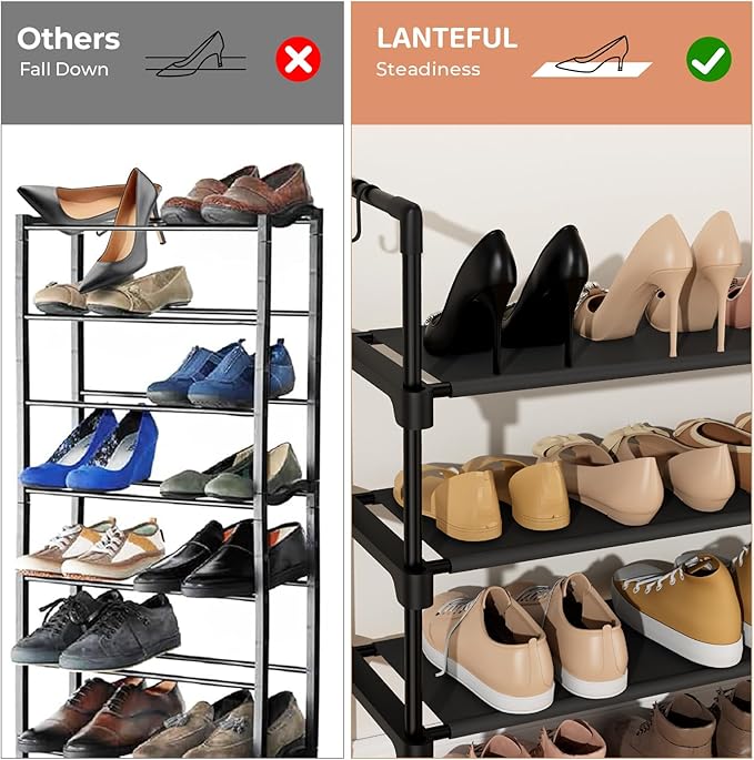 4 Tier Shoe Rack for Closet Shoe Organizer with 5 Hooks, Long Shoe Shelf Storage for Shoe and Boot Stackable Free Standing Shoe Rack for Entryway, Garage, Small Spaces, Dorm, Black